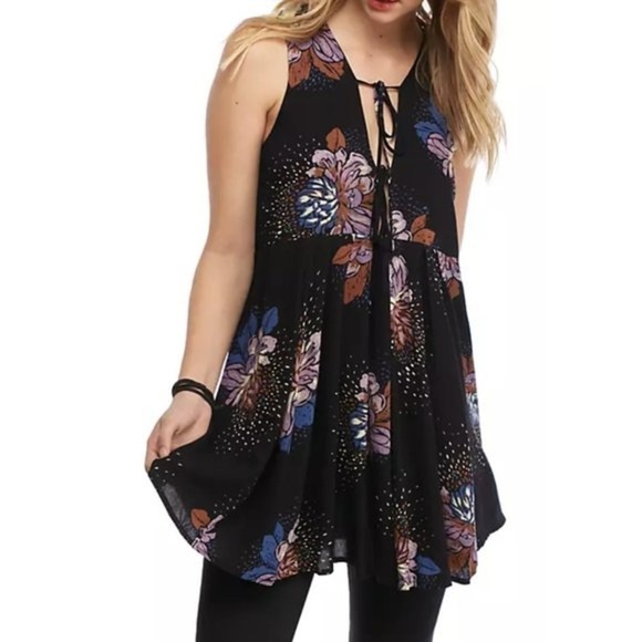 Free People Black Floral Lovely Day Print Tunic Mini Dress Boho OB542520 Sze XS - Picture 1 of 12
